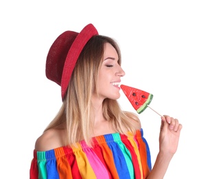 Photo of Young pretty girl with candy on white background