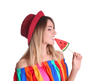 Young pretty girl with candy on white background