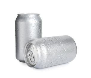 Photo of Aluminium cans of beverage on white background