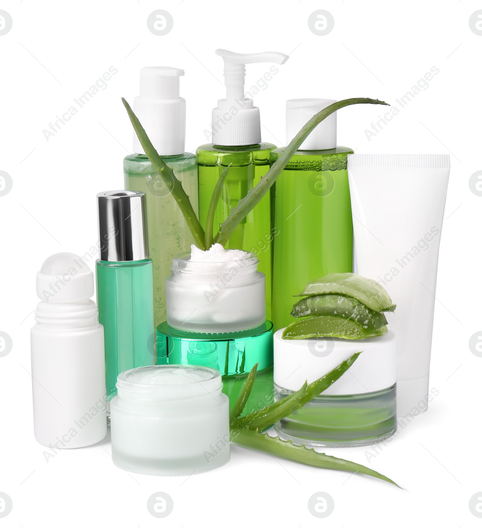Photo of Cosmetic products and fresh aloe isolated on white