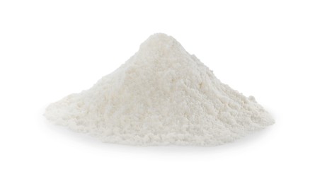 Photo of Heap of powdered infant formula on white background. Baby milk