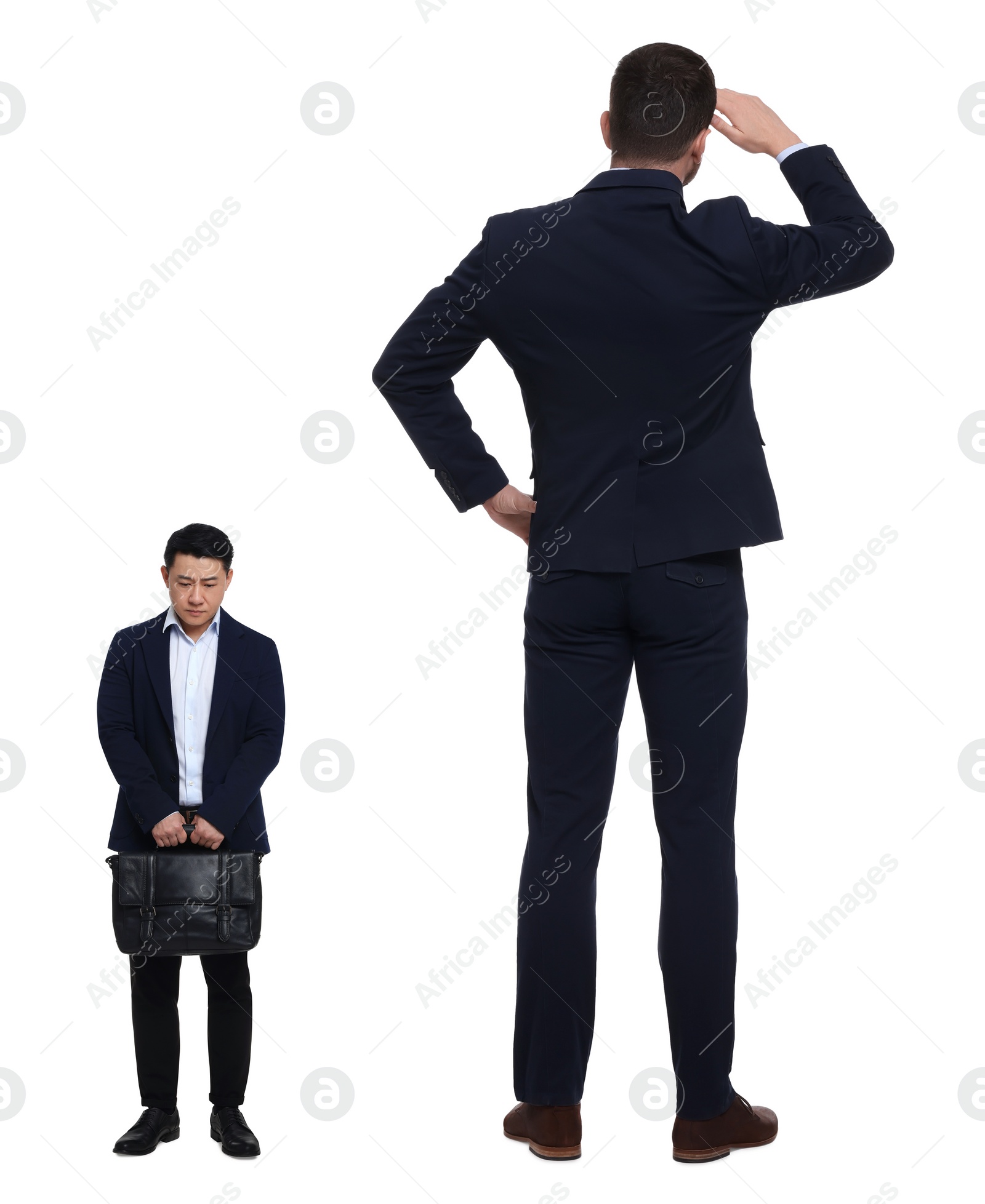 Image of Giant boss and sad small man on white background