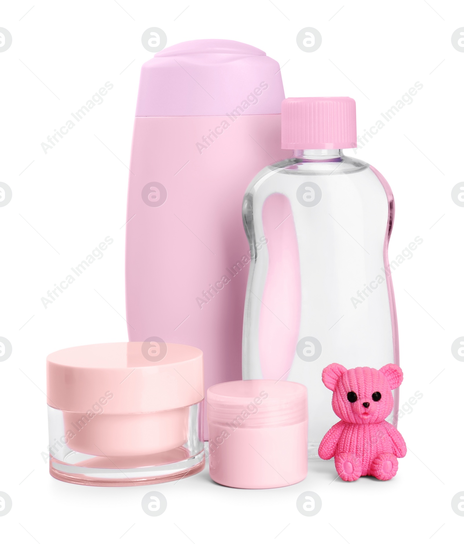 Photo of Different skin care products for baby and toy isolated on white