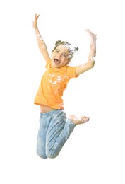 Double exposure of happy girl jumping and green tree on white background
