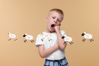 Image of Insomnia problem. Tired boy yawning and counting to fall asleep on light brown background. Illustrations of sheep with numbers
