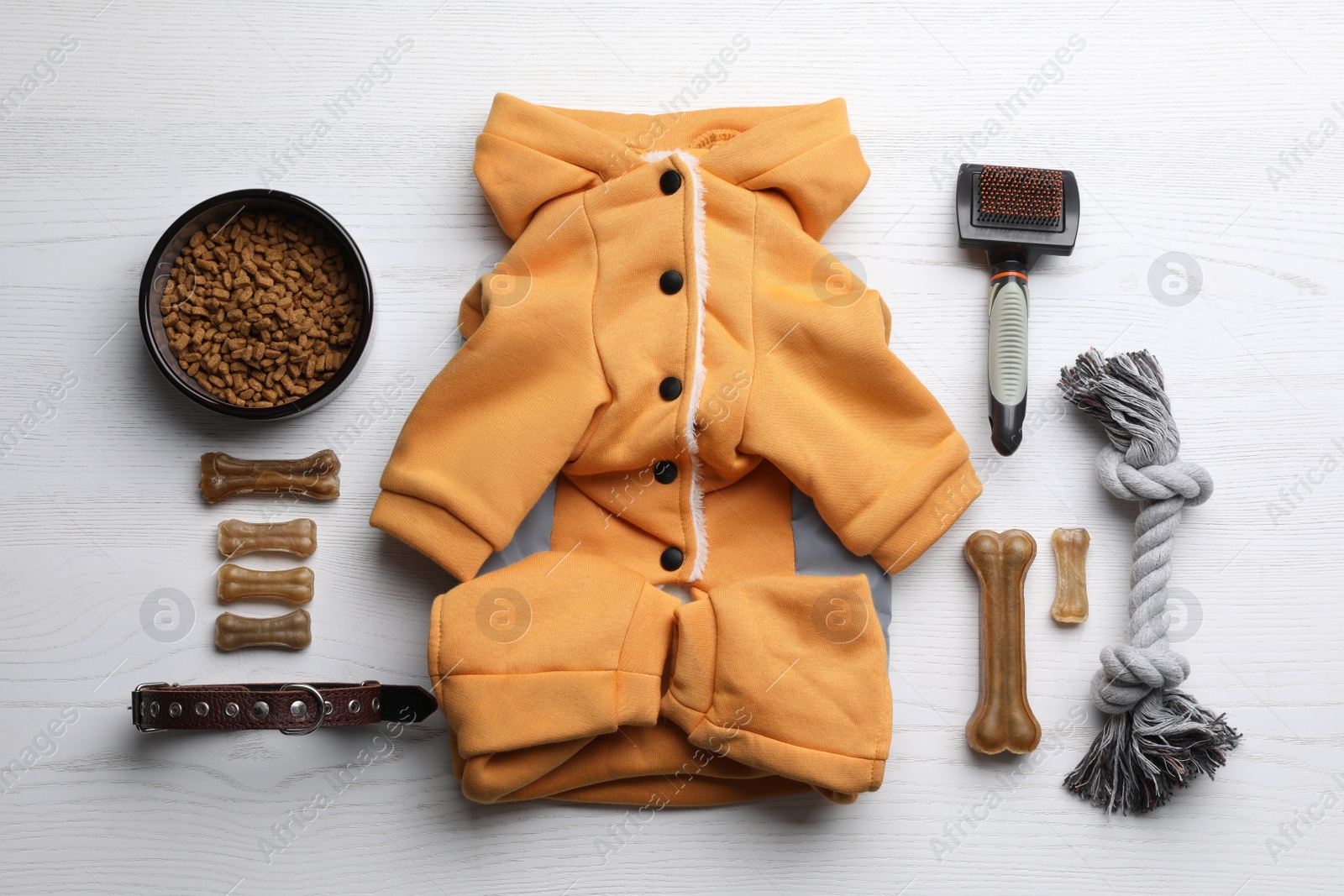 Photo of Flat lay composition with clothes, food and accessories for dog on white wooden table