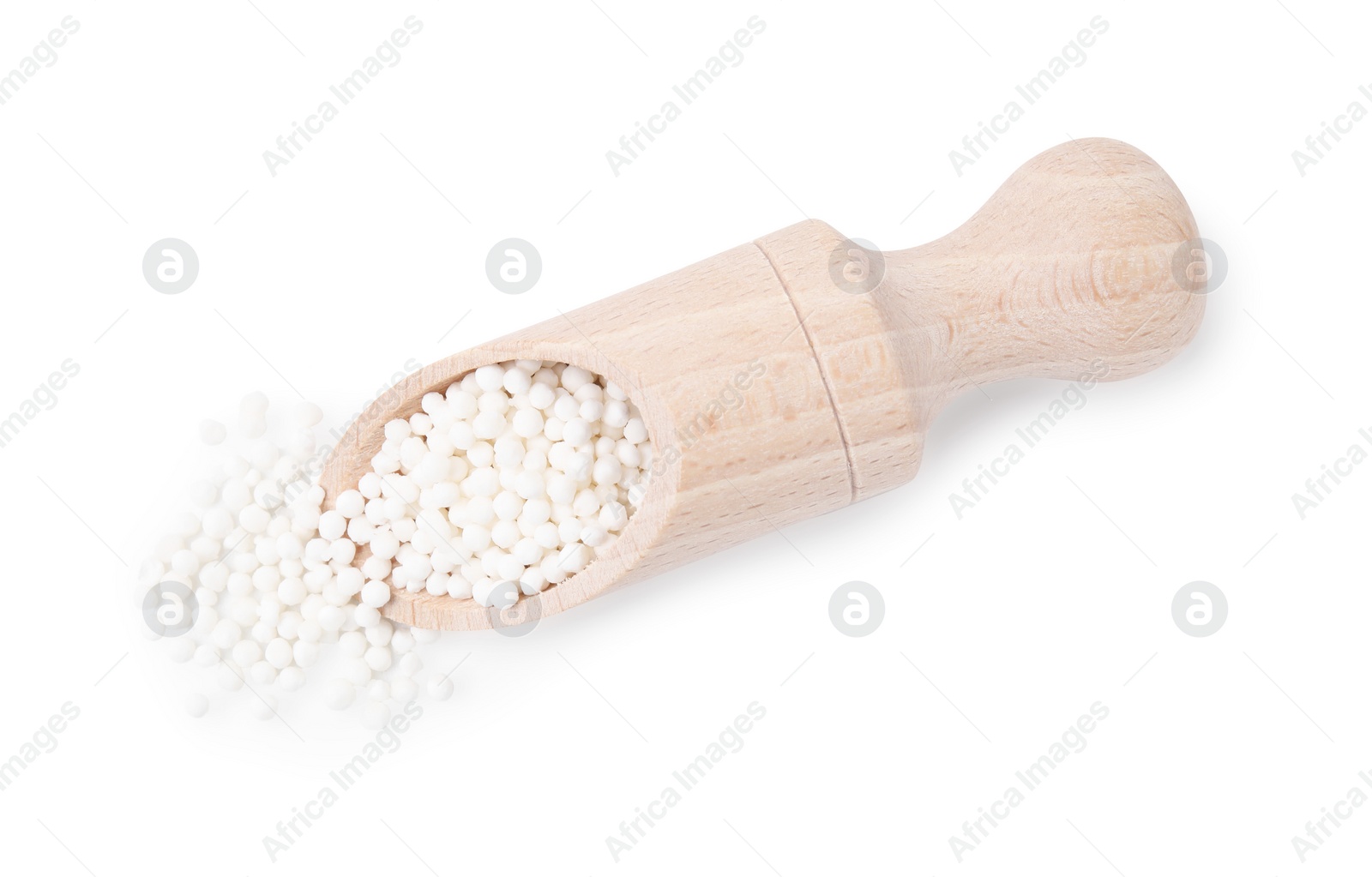 Photo of Scoop with tapioca pearls isolated on white, top view