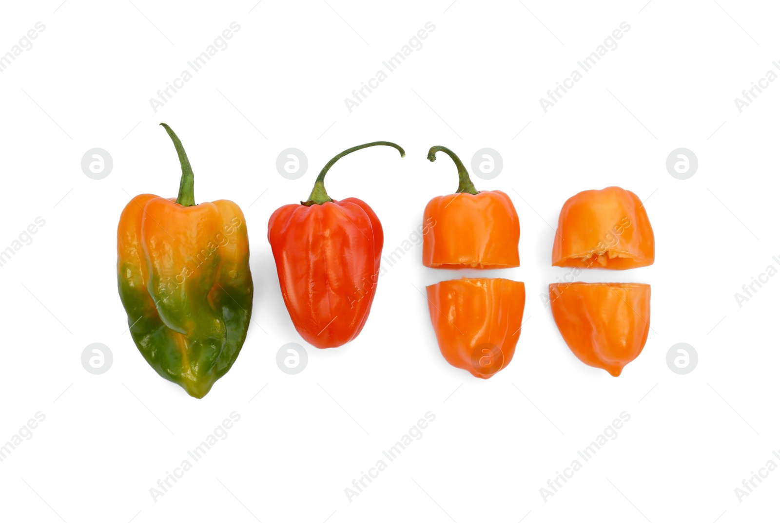 Photo of Different hot chili peppers on white background, flat lay