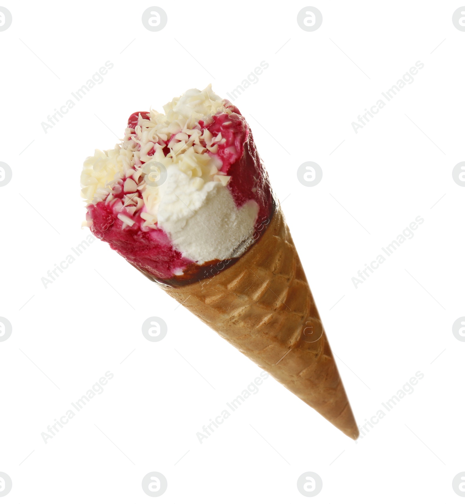 Photo of Woman holding waffle cone with delicious ice cream on white background