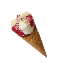 Photo of Woman holding waffle cone with delicious ice cream on white background