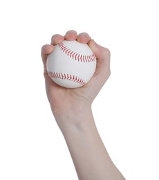 Boy with baseball ball on white background, closeup