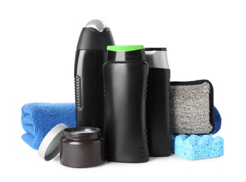 Photo of Set with men's personal hygiene products on white background
