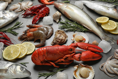 Fresh fish and different seafood on grey table