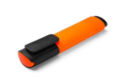 Photo of Bright orange marker isolated on white. Office stationery
