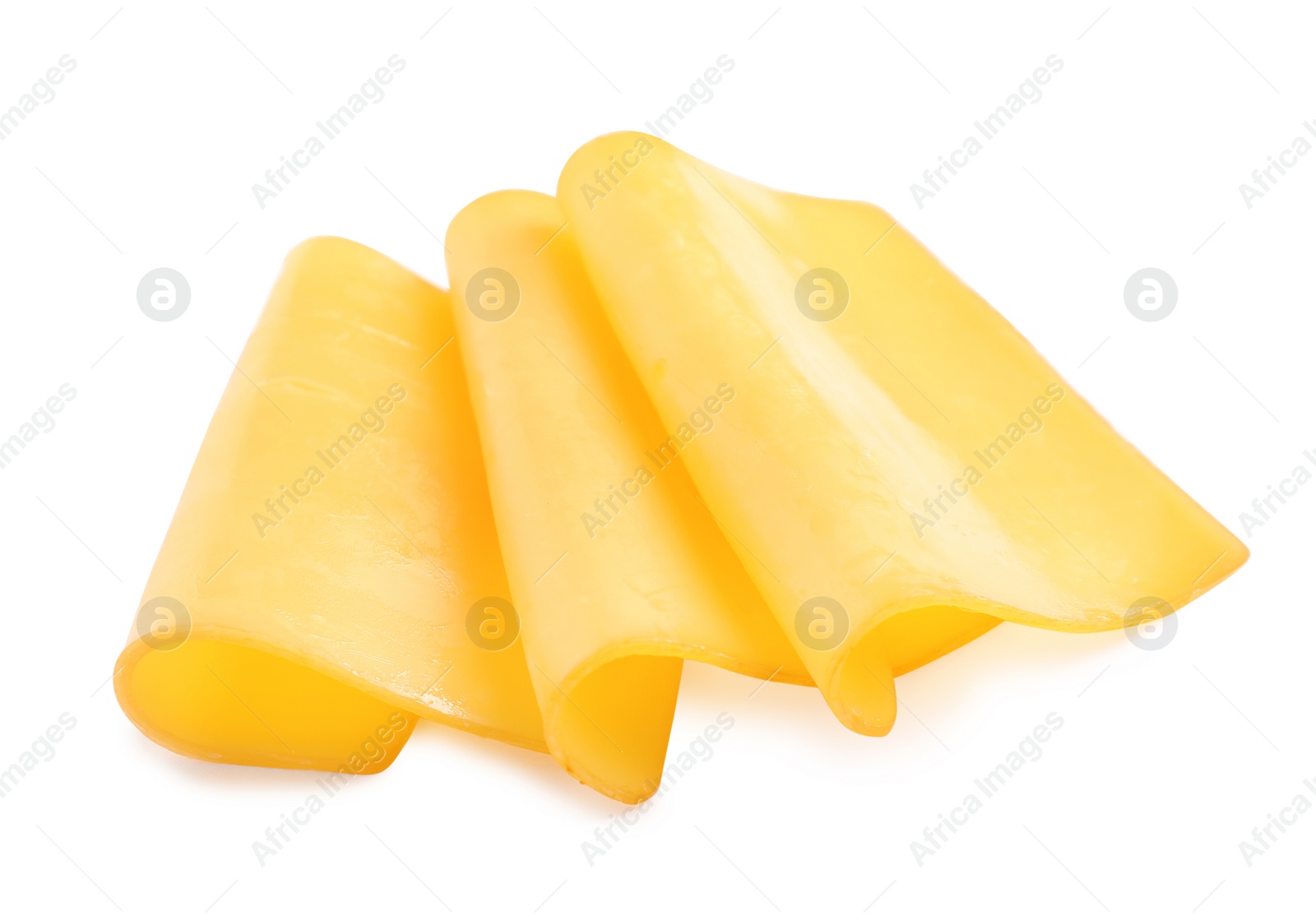 Photo of Slices of tasty cheese on white background
