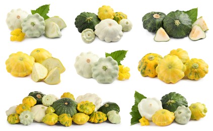 Image of Set with fresh ripe pattypan squashes on white background