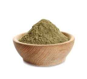 Bowl with hemp protein powder on white background