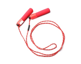 Photo of Jump rope on white background, top view