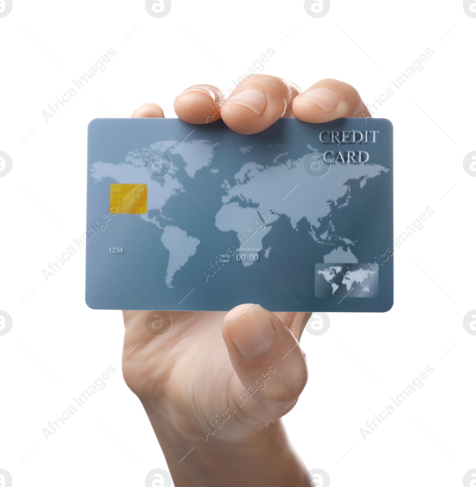 Photo of Woman holding credit card on white background