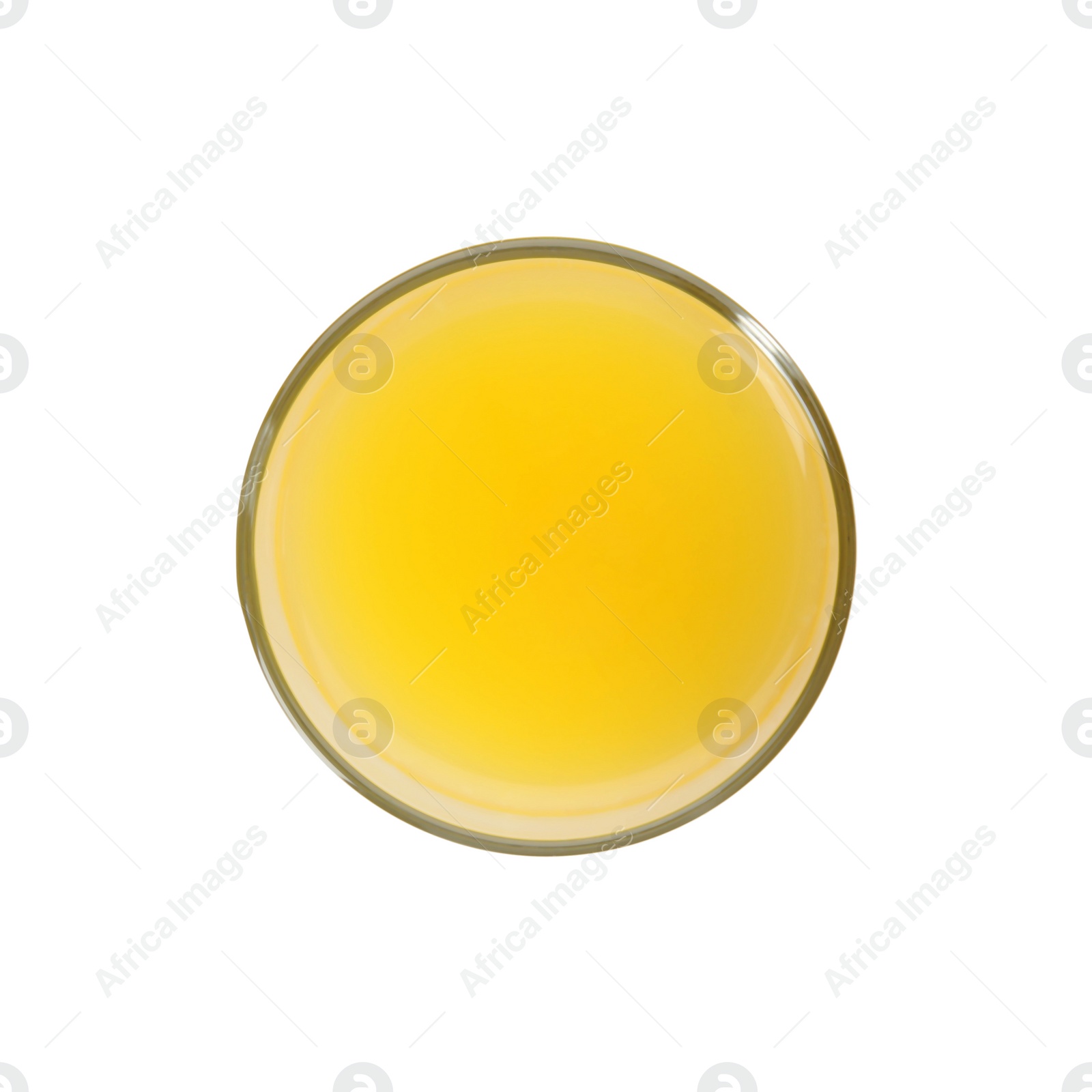 Photo of Glass of orange juice on white background, top view