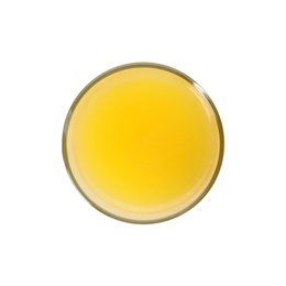 Glass of orange juice on white background, top view