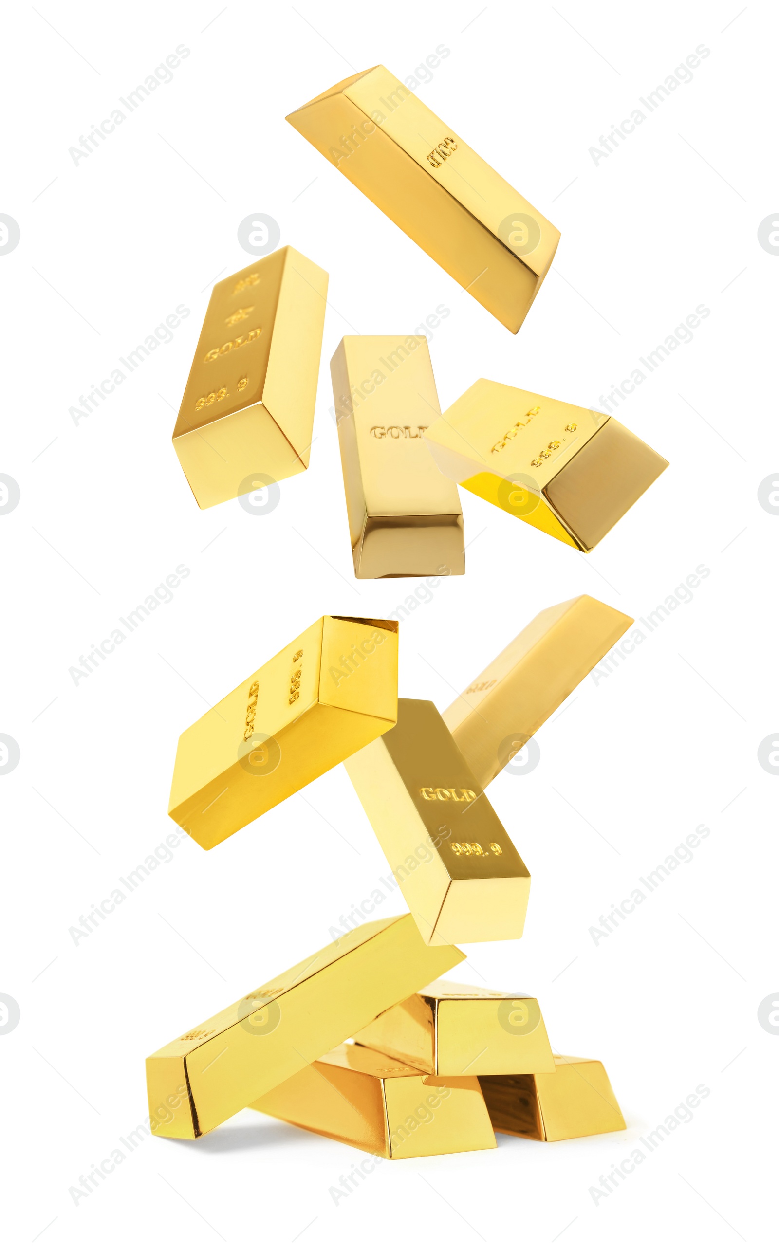 Image of Shiny gold bars falling onto heap on white background
