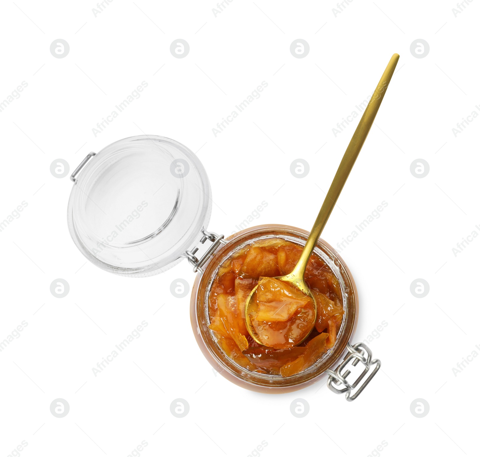 Photo of Glass jar with apple jam and spoon isolated on white, top view