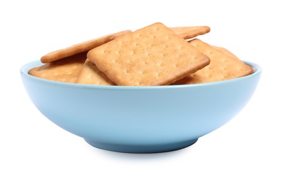 Tasty crackers in bowl isolated on white