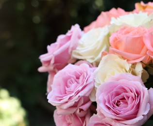 Beautiful bouquet of aromatic roses outdoors, closeup