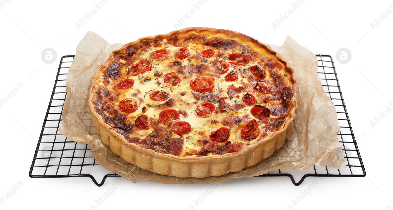 Photo of Delicious homemade quiche with prosciutto and tomatoes isolated on white