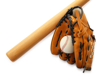 Leather baseball ball, bat and glove on white background, top view