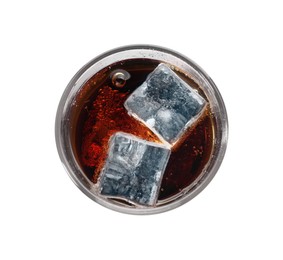 Glass of refreshing soda water with ice cubes isolated on white, top view
