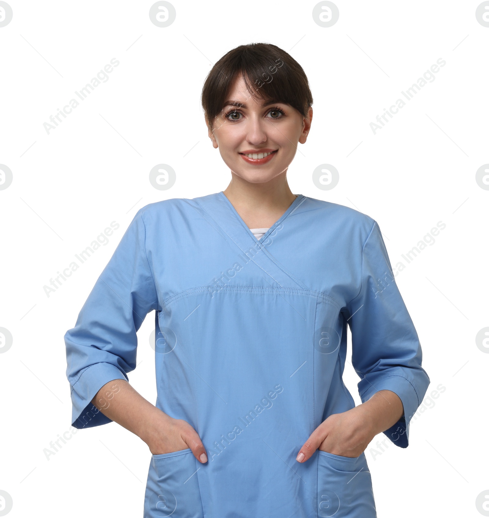 Photo of Portrait of smiling medical assistant on white background