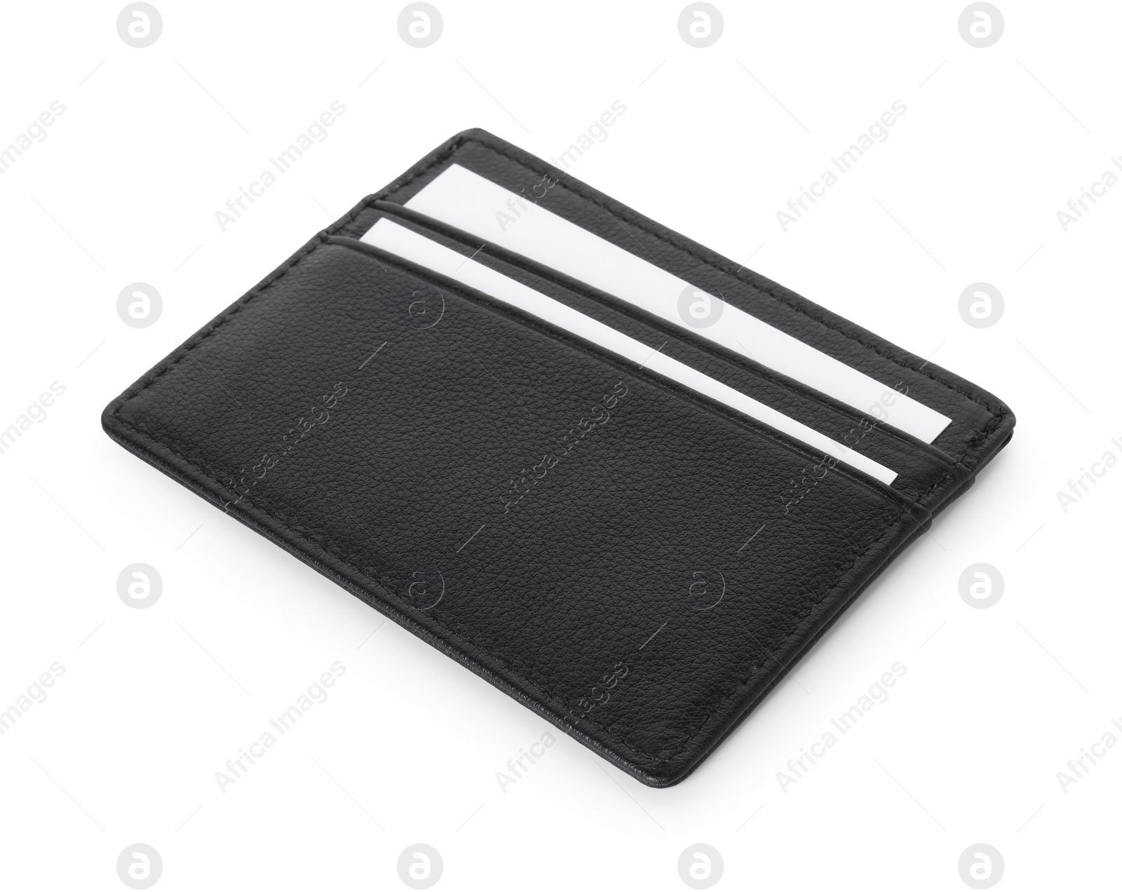 Photo of Black business card holder with cards isolated on white