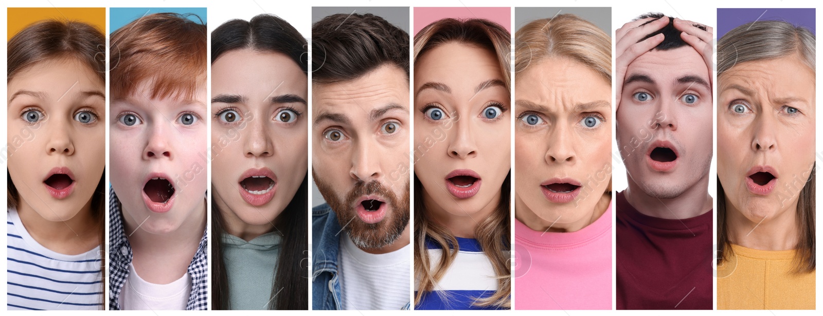 Image of Collage with photos of surprised people on different color backgrounds