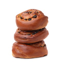 Photo of Stack of delicious rolls with raisins isolated on white. Sweet buns