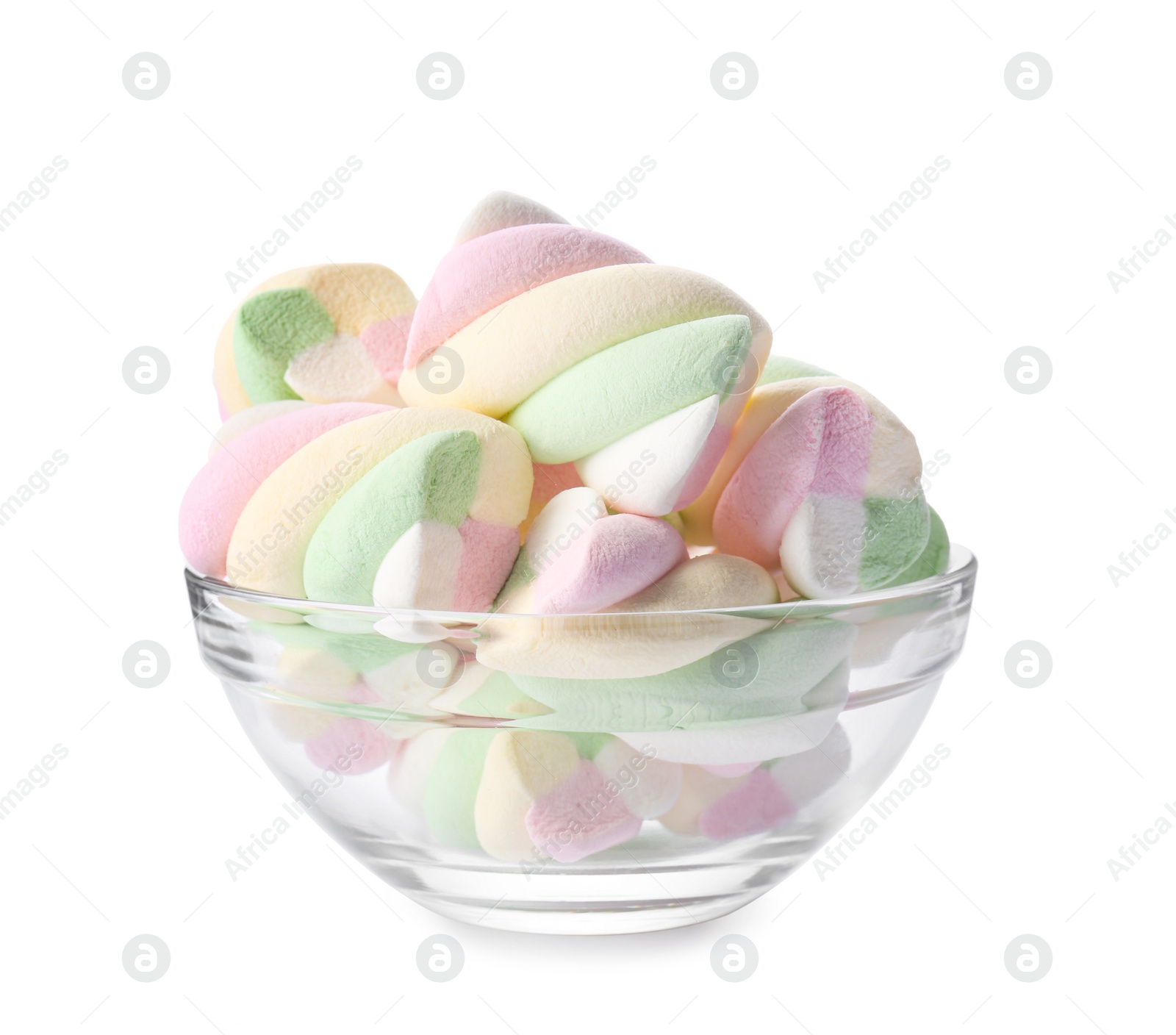 Photo of Delicious colorful marshmallows in glass bowl isolated on white