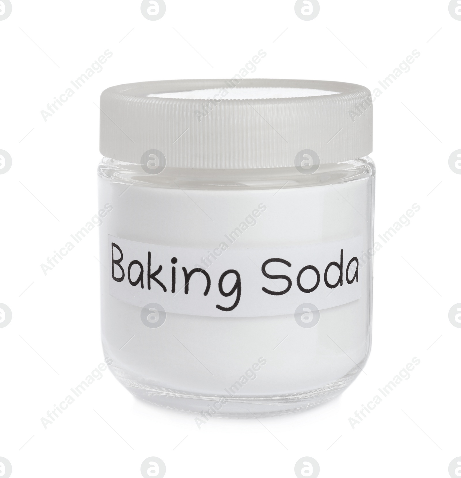 Photo of Closed jar of baking soda isolated on white