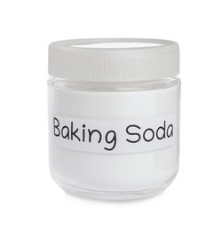 Photo of Closed jar of baking soda isolated on white