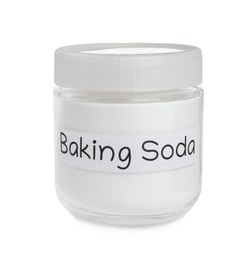 Closed jar of baking soda isolated on white