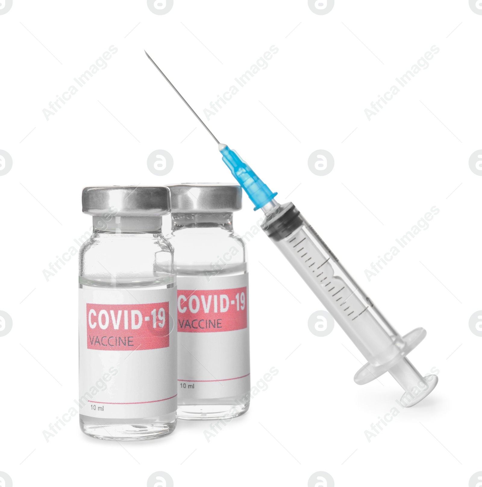 Photo of Vials with vaccine against coronavirus and syringe on white background