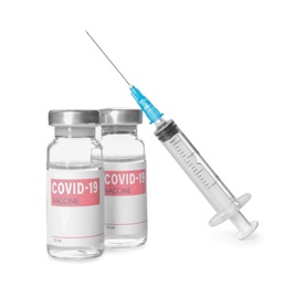 Photo of Vials with vaccine against coronavirus and syringe on white background