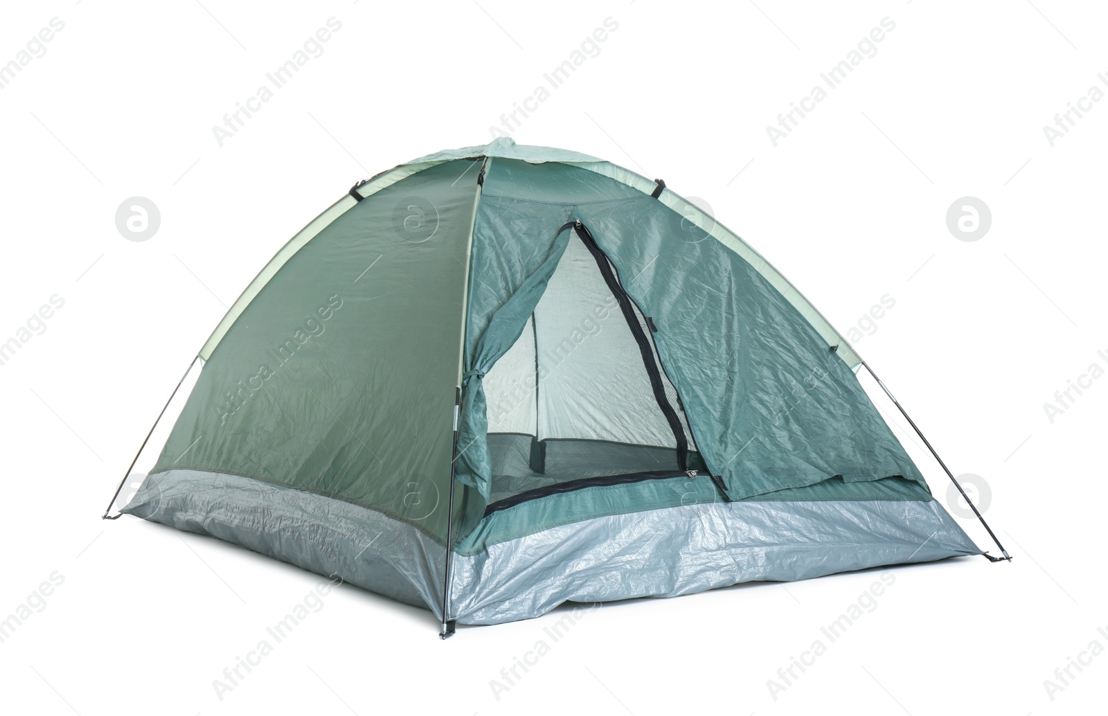 Photo of Comfortable dark green camping tent on white background