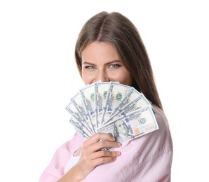 Photo of Happy young woman with money on white background