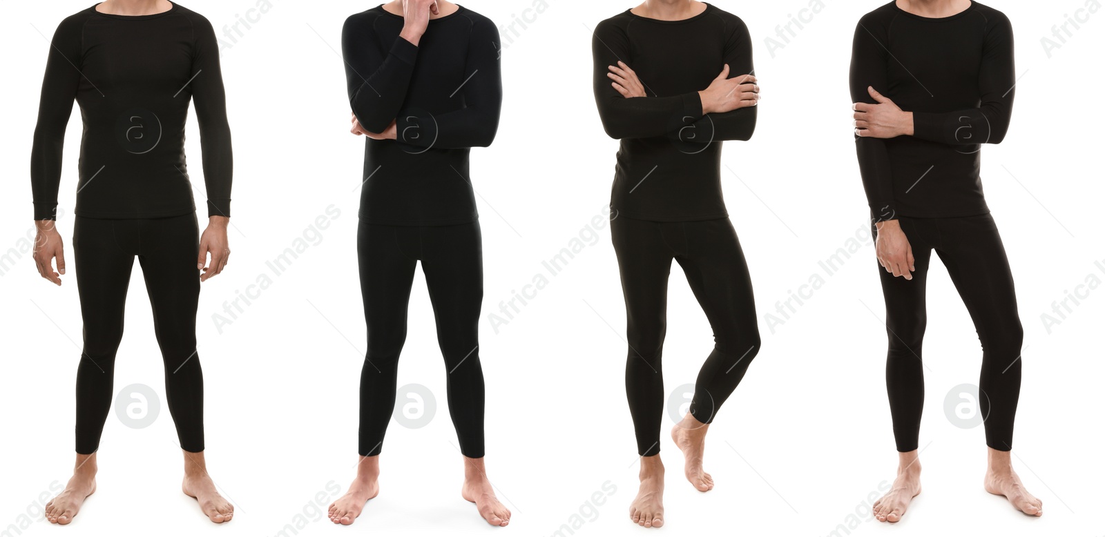 Image of Collage of man wearing thermal underwear isolated on white