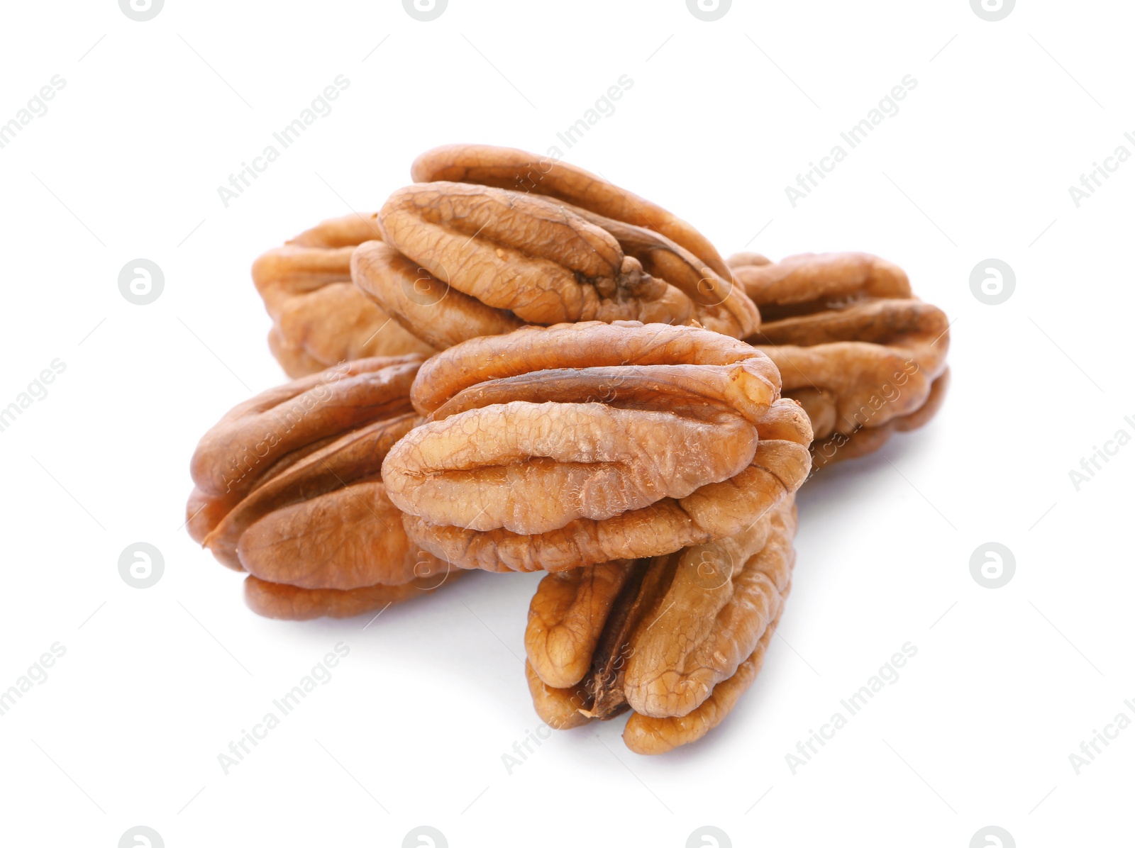 Photo of Heap of ripe shelled pecan nuts on white background