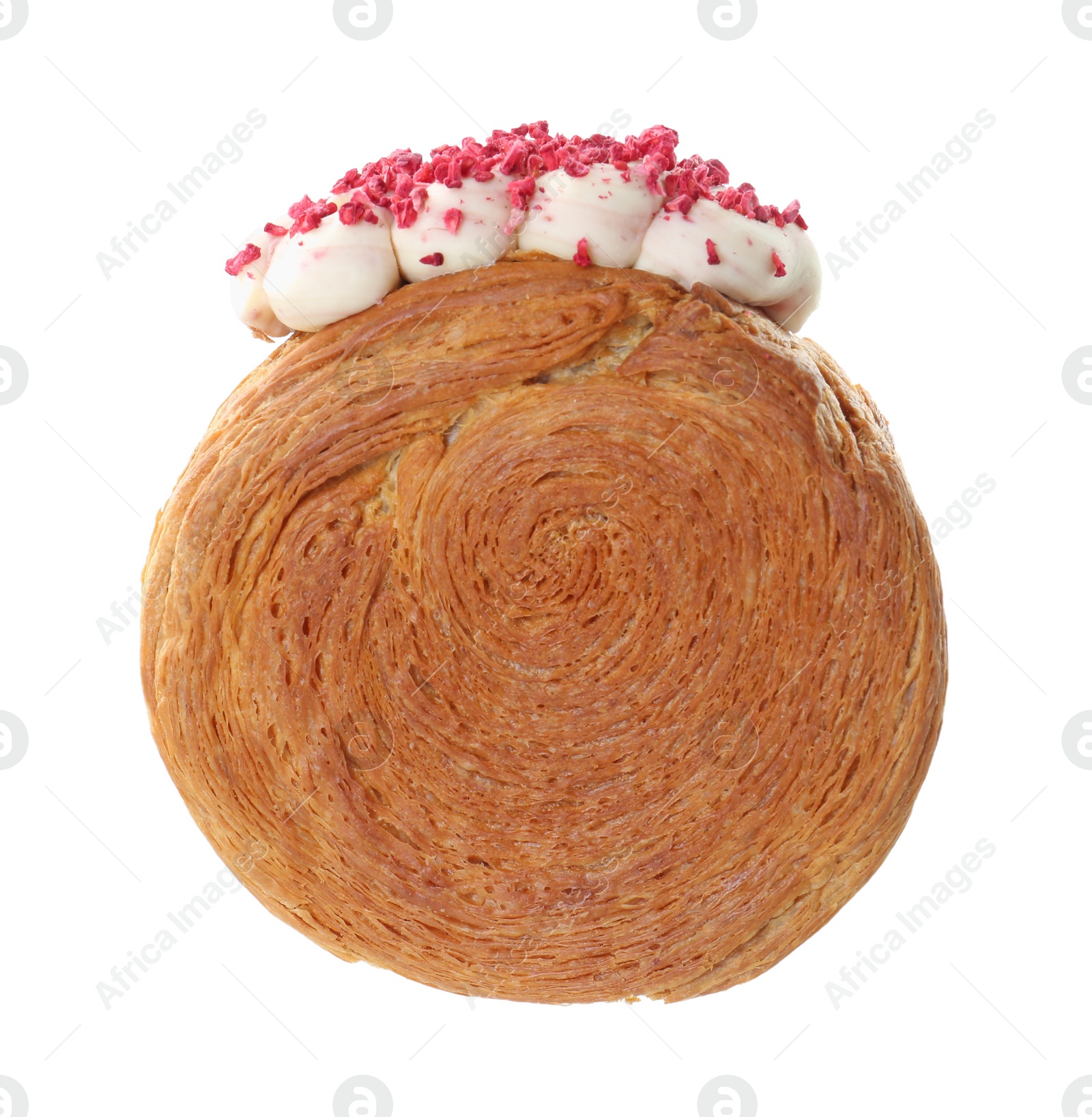 Photo of One supreme croissant with cream on white background. Tasty puff pastry