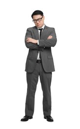 Photo of Angry businessman in suit wearing glasses on white background