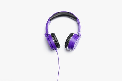 Stylish headphones with pads on white background