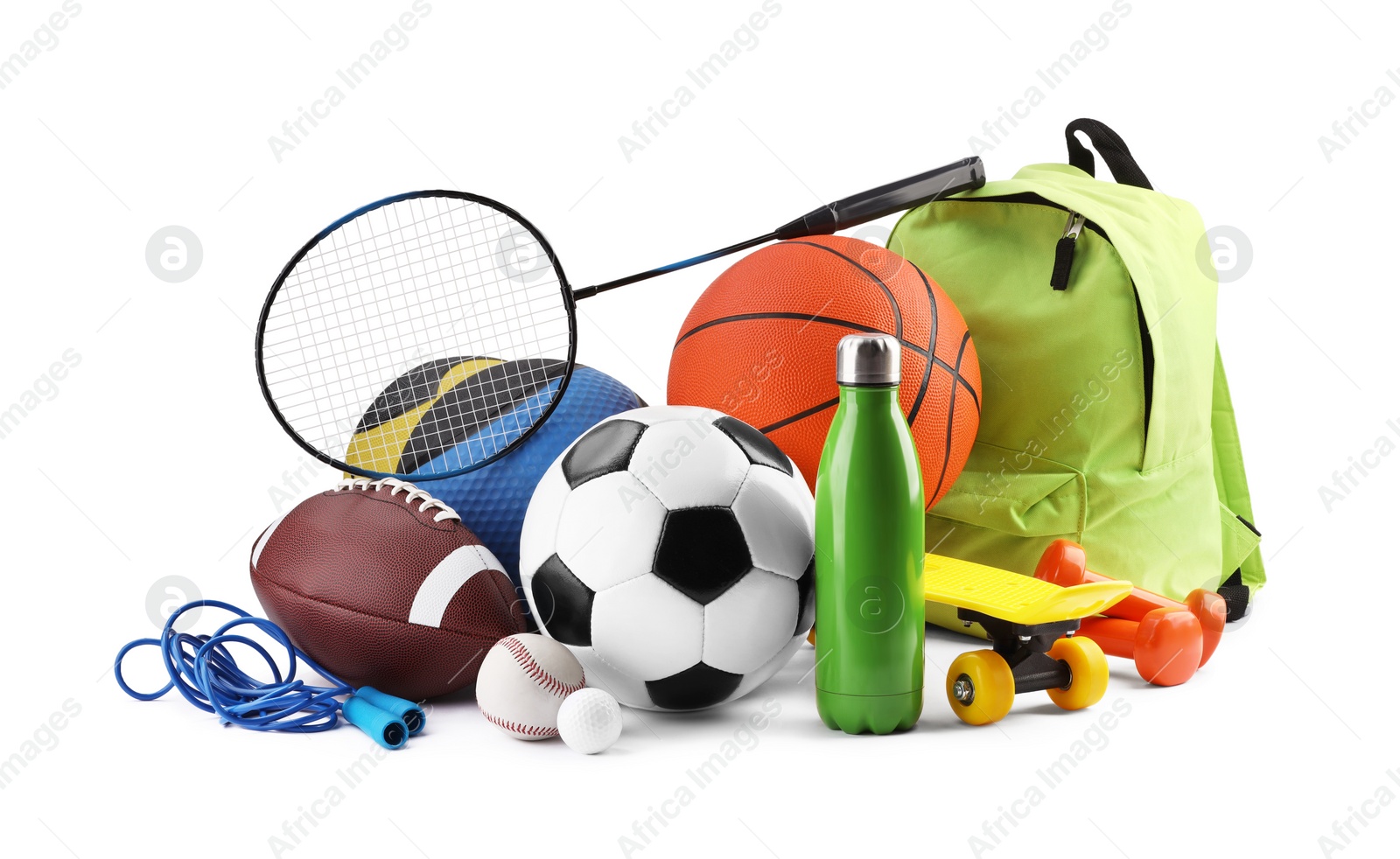 Photo of Many different sports equipment isolated on white